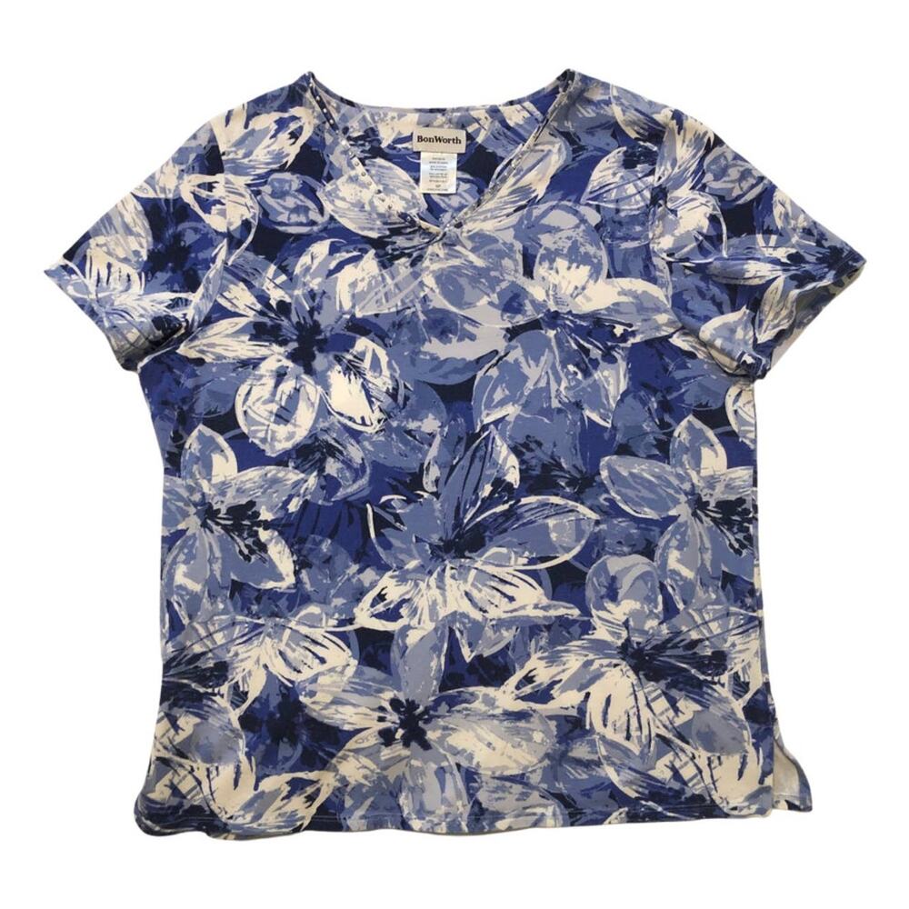 Bon Worth, Sp, Blue Floral, V-neck, Short Sleeve